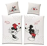 Wende-Bettwäsche Set Disney Classic Mickey und Minnie Mouse in Love 135x200 80x80 cm aus 100% Baumwolle Weiss Rot Partner-Bettwäsche (4-TLG)