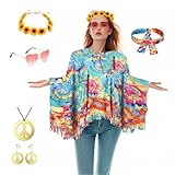 6 Stück Hippie Kostüm Damen, 60er 70er Jahre Kostüm Damen, Hippie Accessoires mit Poncho Stirnband Sonnenbrille Frieden Zeichen Ohrringe Friedenszeichen Halskette für Party Karnevalskostüme Damen