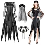 Fasching Kostüm Damen Geisterbraut, Halloween Kostüm Damen Geister Schwarze Zombie Braut, Geisterbraut Böse Königin Kostüm Damen Langkleid Horror Kostüm Erwachsene für Halloween Karneval Cosplay（L）