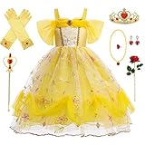 Emin Kinder Prinzessin Belle Kleid Mädchen die Schöne und das Biest Verkleidung Prinzessin Kostüm mit Accessoires Weihnachten Geburtstag Party Halloween Karneval Cosplay Kostüm