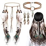 3PCS Teiliges Indianer Kopf Schmuck Set, Indian Hippie Boho Feder Stirnband, Boho Traumfänger-Ohrringe, Leder Choker Halskette Set, Indianer Schmuck für Hippie Kostüm, Vintage Karneval Schmuck