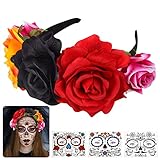 Herefun Haarreif mit Blumen, Tag der Toten, Halloween Haarreif mit Blumen Rosa Kinder, Halloween-Rosen-Kronen-Stirnband, Halloween Party Kopfschmuck mit 3 Stück Temporäre Gesicht Schädel Tattoos
