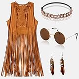 YADODO Hippie Kostüm Damen Set Fransen ärmellos Weste Hippie Kleidung Damen 60er 70er Jahre Bekleidung Damen Mädchen Disco Outfit Braun Fransenweste Damen Hippie Bolero Karneval Faschingskostüme(L)
