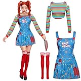 Spooktacular Creations Damen Killerpuppenkostüm, Clown Cosplay Kleid mit Regenbogen T-Shirt, Strapsrock und kniehohen Strümpfen für Halloween Party Kostüm