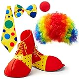 Clown-Kostüm-Set, 6-teilig, Regenbogen-Perücke, Nase, Schleife, Ti und Schuhe, Zubehör für Clown-Partys, ausgefallenes Zirkuskostüm für Kinder, Frauen und Männer, Karneval, Rollenspie