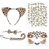 Leopard Kostüm Set, 6-teilig Leoparden Kostüm Damen, Leopard Kostüm Damen, Leopard Gesicht Kunst Aufkleber, Tier Leopard Stirnband Fliege, Leopard Ohren Stirnband für Kostüm Party Dekoration Zubehör
