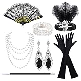 HCSSZ 20er Jahre Kostüm Accessoires Damen,1920er Flapper Great Gatsby Accessoires Set mit Stirnband, Armband, Spitzenfächer, Handschuhen, Halskette,Ohrringe für Karneval Halloween