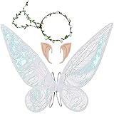 Feenflügel Schmetterlingsflügel mit Elfenohren Blumenkranz Erwachsene Flügel Kostüm Kinder Prinzessinnenflügel Damen Mädchen Flügel Kostüm Wings für Weihnachts Karneval Geburtstags Cosplay Party