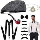 Goenb 20er Jahre Kostüm Herren Accessoires, Karneval Kostüm Herren Mafia Peaky Blinders Kostüm Mit Gangster Panamahut Vintage Taschenuhr Taschenuhr Fliege Für Karneval