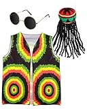 Hestya 3 Stück Halloween Hippie Kostüm Zubehör Hippie Mütze mit Schwarzer Dreadlocks Perücke Unisex Hippie Weste Hippie Brille für Erwachsene Cosplay Party Geschenke(Reggae)