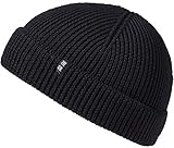 Enter the Complex Fisherman Beanie, 100% Merino Wolle, Trawler Mütze, Fischermütze, Troyer, Ribbstrick, Damen und Herren, Schwarz