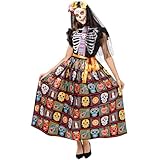 Funnlot Dia de los Muertos Kostüm Damen,Tag der Toten Kostüm Damen Halloween Kostüm Skelett Kleid mit Halloween Gesicht Tattoos XL