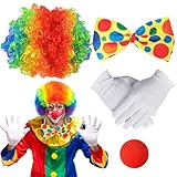 Clown Kostüm Accessoire, 4 Stück Clown Kostüm, Clown Kostüm Kinder, Clown Kostümzubehör, Clown Lockenperücke, Clownsnase, Bunte Krawatte, Handschuhe, Fasching Karneval Kostüme für Kinder Damen Herren