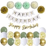Happy Birthday Weiß Gold Geburtstag Party Deko Set Geburtstag Girlande Luftballons Grün Gold Ballons 6 Pompoms Geburtstagsdeko Mädchen