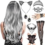 DAZZTIME Perücke Halloween Damen,Grau Lange Wellte Lockige Haare 70cm,Perücke Frauen Kostüm Set,Ohrring,Armbänder,Augenmasken,Halsketten,Handschuhe,Haarband,Strümpfe,Karneval,Fasching,Mottoparty.