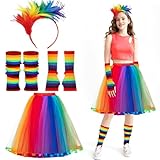 Regenbogen Kostüm Damen Set, Regenbogen Tüllrock, Bunt Feder Stirnband, Regenbogen Fingerlose Handschuhe und Regenbogen Beinstulpen, Regenbogen Kostüm für Karneval, Halloween, Fasching
