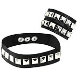com-four 2-teiliges Set Armband und Halsband mit Pyramidennieten in Lederoptik, Rocker, Biker, Punk, Steampunk aus Kunstleder für Partygänger, Halloween & Fasching (02 Stück - Armband/Halsband V1)