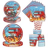 Aitsite 50 Stück Feuerwehr Partygeschirr Set, Feuerwehrmann Partyteller Geburtstag für 10 Gäste, Feuerwehr Geburtstag Geschirr, Feuerwehr Party Deko Set, Kindergeburtstag Teller Becher Servietten