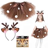 Meanju Rentier Kostüm Kinder Mädchen,Tutu Rock+Rentier Haarreif mit Ohren Blüten+Rentier Gesicht Kunst Aufkleber,Kostüm Accessoires für Halloween Karneval Geburtstag Cosplay,Weihnachten Party