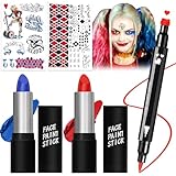 Halloween Schminke Set Makeup Kit,Gesichts Körperfarben Set mit 2 Rot Blau Face Paint Halloween,Doppelseitiger Eyeliner Stempel Bleistift,2 Clown Temporäre Tattoo für Karneval Halloween Cosplay