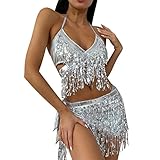 Rave Outfits für Damen Bikini Set Quasten Rock Metallic Badeanzug Holografische Pailletten BH Oberteil für Festival Disco Tanz Clubwear 90er Jahre Halloween Motto Party Kostüm Silber Kreuz BH Set L