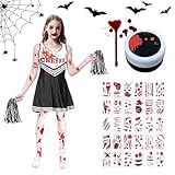 Cheerleader Halloween Kostüm Kids,Kostüme Mädchen Cheerleader,Zombie Kostüm Kinder Mädchen, Cheerleader Kostüm Kinder Mit Strümpfen Kunstblut und Bluttattoo-Aufkleber.Halloween Party Cosplay