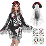 Antsparty Geisterbraut Kostüm Damen Halloween Zombie Braut Kostüm mit Rose Schleier Aufkleber, Damen Geisterbraut Accessoires Friedhofsbraut Kostüm für Halloween Cosplay