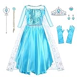 URAQT Kostüm Kinder Mädchen, 9-teiliges Set Kleid Kinder mit Krone Diadem Handschuhe Zauberstab für Weihnachten Verkleidung Karneval Halloween Geburtstag Party,130CM
