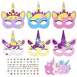 LAMEK 6 Einhorn Masken Bastelsets für Kinder Kreative Kunsthandwerk DIY Bastelhandwerk mit 6 Moosgummi Schablonen Strasssteine Kreativsets zum Basteln für Geburstag Weihnachten