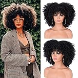 ISAMY 14Zoll Afro-Bombe Lockige Perücken für Schwarze Frauen Kurze Afro Kinky Lockige Perücke mit Pony Lockige Vollperücke (Schwarz)
