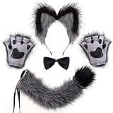 Spooktacular Creations Grauer Wolf Fuchs Zubehör Set für Erwachsene mit Schwanz, Krawatte, Ohren und Handschuhen, Halloween Fancy Party Kostüm für Frauen
