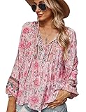 CNTSFS Bluse Damen Elegant Lässige Boho V-Ausschnitt Blumenmuster Lose Tunika Damen Langarm Sommer Strandhemden(Rosa XXL