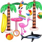 Evance 14 Stücke Aufblasbare Palmen Flamingo Spielzeug Aufblasbare Bananenstrandbälle Fliegen Papagei Hai mit Ringwurfspiel Aufblasbare Flamingo Wurfspiel Pool Spielzeug (14 PCS)