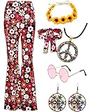 YADODO Hippie Kostüm Damen Set Hippie Schlaghose Damen Bunt Hippie Peace Kette Brille Stirnband 60er 70er Jahre Outfit Damen Party Boho Hippie kleidung Damen Hosen 70er Jahre Bekleidung Damen Frau(S)