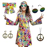 MRYUWB 70er-Hippie-Kleid-Kostüm für Damen, mit Halskette, Ohrringe, Sonnenbrille, Disco-Kostüm, 60er-Party-Kostüm, Halloween Retro-Kleider (Vintage-Kleid mit Liebe- und Frieden-Muster, L)
