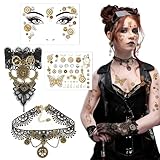 BOFUNX Damen Steampunk Accessoires, 2 Stücke Steampunk Tattoos + 3 Stücke Steampunk Halskette Armbänder Ohrringe, Steampunk Kostüm für Fasching Karneval Mottoparty Cosplay