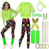 Ulikey 80er 90er Jahre Outfit Damen, Kostüm 80er Jahre Damen Bunte Leggings, Aerobic Outfit 80er Damen, 90er Neon Party Outfit Damen Zubehör Set mit Gläser, Halskette (Grün Schwarz, M)