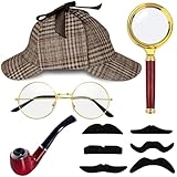 Horolam Detektiv Kostüm Zubehör Set, Detektiv Zubehör Für Erwachsene Männer Frauen Detektiv Outfit Requisiten Mit Braunem Detektiv Hut Lupenbrille Brille Fake Schnurrbart Für Dress up Party (Braun)