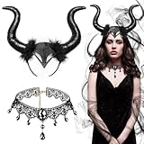 JOYUE 2 Stücke Königin Hörner Teufel Kopfschmuck & Gothic Halskette Spitze Halloween Böse Haarreif Schwarz Kopfschmuck Horn Maleficent Kostüm Damen für Karneval Maskerade Halloween Cosplay Party