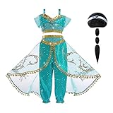 ACWOO Jasmin Prinzessin Kostüm, Prinzessin Kostüm Kleid für Mädchen, Aladdin Tanzen Oberteile und Hosen, mit Perücke und Haarnetz für Cosplay Karneval Halloween Geburtstag Verkleidung (140)