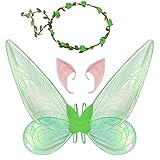 Feenflügel Kostüm, Damen Mädchen Schmetterlingsflügel Elfenflügel mit Elfenohren Blumenkranz Halloween Kostüm Zubehör Karneval Fee Party Schmetterling Kostüm Feenkostüm für Kinder Erwachsene (Grün)