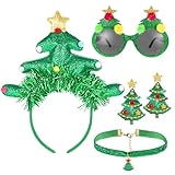 HOWAF Weihnachtsbaum Kostüm, Weihnachts Haarreif Tannenbaum Haarreif Weihnachten Weihnachtskopfschmuck, Weihnachtsbrille, Weihnachtsohrringe Weihnachtsbaum Halskette für Weihnachten Kostüm Damen