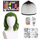 Perücke Grün für Joker Kostüm Herren Joker Perücke Herren Perücke Joker Perücke Locken Grün Perücken Locken Joker Makeup Gesichtsfarbe Joker Tattoos Schwarze Haarnetz für Karneval Kostüm Party
