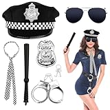 SHOWHEEL 6er Polizei Kostüm Damen Herren,mit Polizei Mütze Handschellen Polizeiabzeichen Schlagstock Krawatte Schwarze Brille,Karneval Faschingkostüm Polizei Zubehör