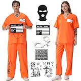 Sträfling Kostüm Herren Damen Orange Prisoner Costume Häftling Kostüm Orange Halloween Gefangener Overall Knast Prisoner Cosplay Outfit für Erwachsener Gefängnis Kostüm