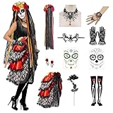 Cdithy Halloween Tag der Toten Kostüm Haarreif Gothic Schmuck für Erwachsene Damen, 10 in 1 Halloween Dia De Los Muertos Accessoire mit Kleid Haarschmuck Tattoo Strumpfhose Ohrringe Handschuhe Kette