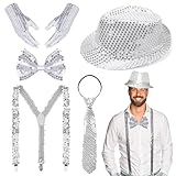 Glitzer Outfit Herren,Glitzer Accessoires Herren,Glitzer Kostüm Herre,mit Pailletten Hosenträger,Pailletten Fliege,krawatte,Handschuhe,Pailletten Kostüm Silber für Fasching Party Dance Performance