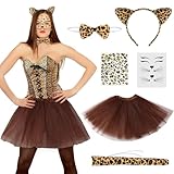 Hestya Leopard Kostüme Set Leopard Cosplay Accessoires Leoparden Tier Haarreif Krawatte Leopardenschwanz Tutu Rock Leoparden Gesichtsaufkleber für Geburtstag Zubehör Karneval