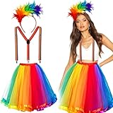 iZoeL Karneval Kostüm Damen Regenbogen Tüllrock mit Feder Haarreif Bunt Hosenträger, Regenbogen Einhorn Rock, 50er jahre outfit damen, Halloween Karneval FaschingTütü Damen Mädchen