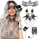 Halloween Perücke Damen,Grey Wig Lang Haar Gelockt+Steampunk Halskette+Ohrringe+Armbänder+Lace Augenmaske+Künstliche Rosen,Perücke Hexe für Cosplay,Halloween, Karneval und Themenpartys